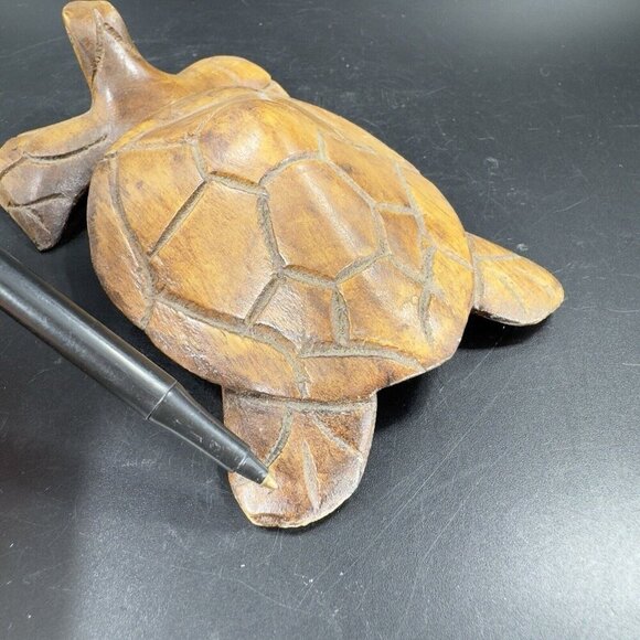 Vintage Hand Carved Wooden Turtle Figurine Decor Whimsical Wood Figure Hand Made - Picture 7 of 15